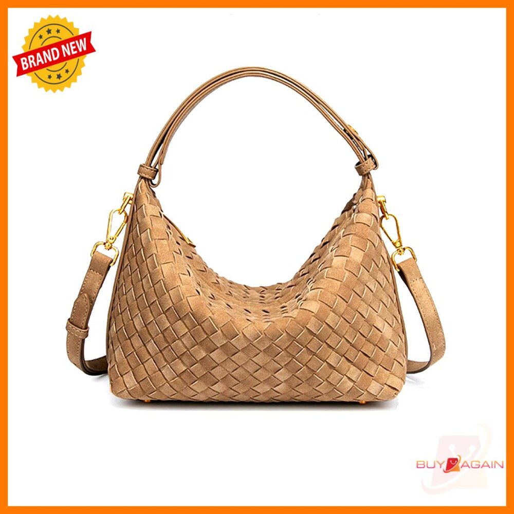 Woven Faux Suede Hobo Bag Adjustable Strap Crossbody Shoulder Purse